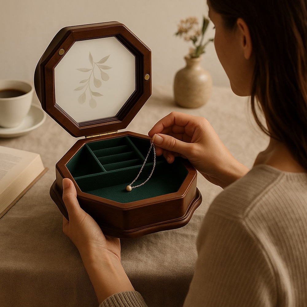 Wooden Octagonal Ring Earring  Holder Jewelry Box with Glass Top Styled by Mele
